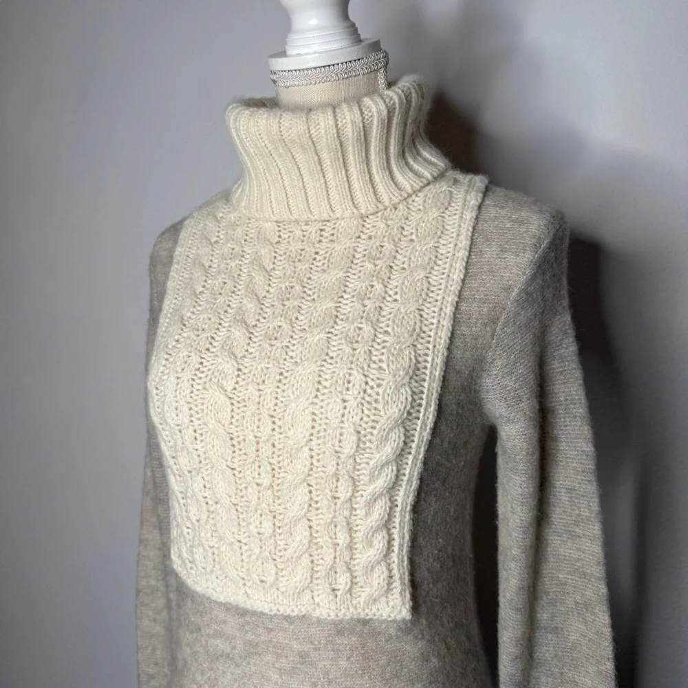 Tory Burch Gretchen Cream Mixed Knit Colorblock Turtleneck Sweater Size S